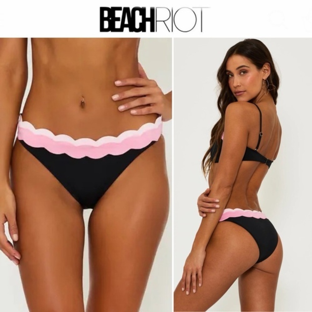 BEACH RIOT Fay Bikini Black Bikini Bottom with Pink In Sweet Berry Wave S NWT